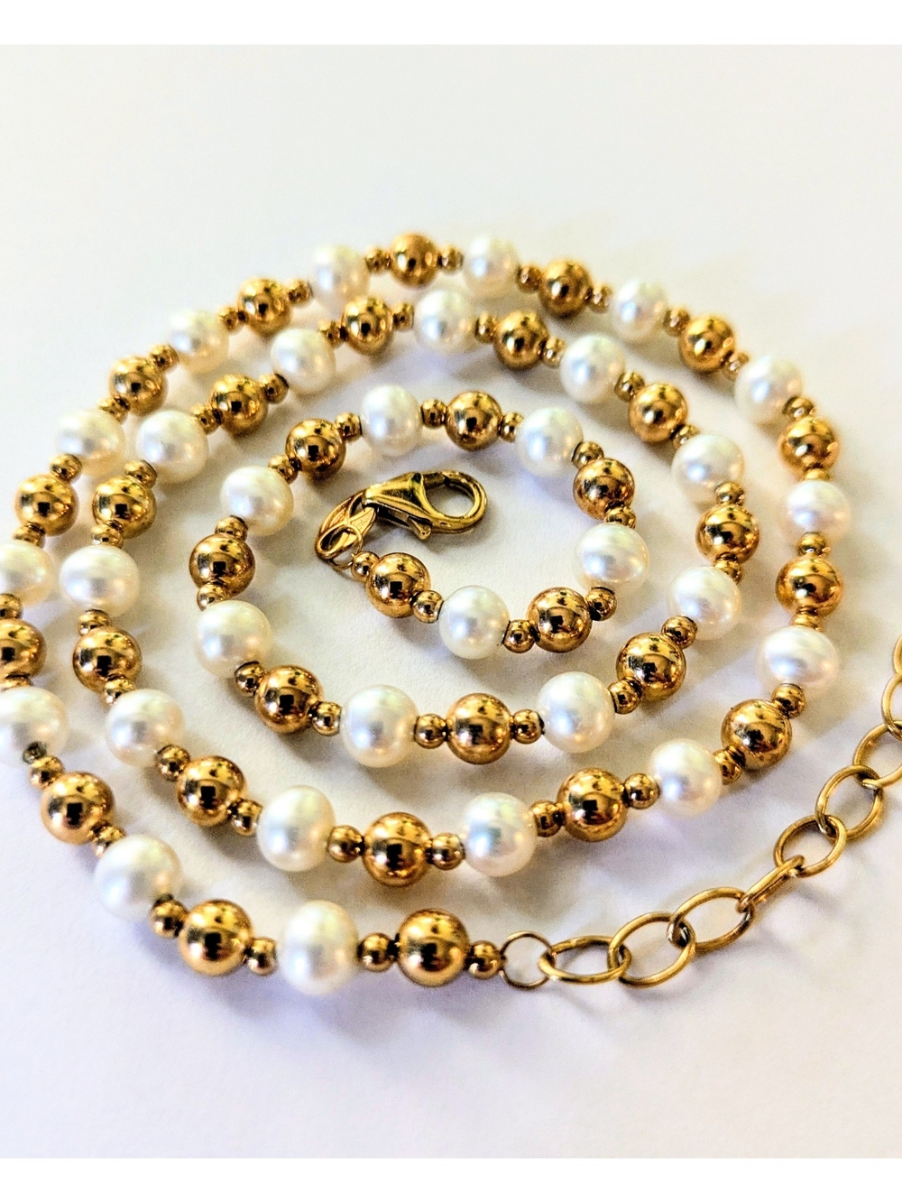 14K Solid Yellow Gold - ETERNAGOLD BEAD BALL & PEARL ADJUSTABLE  NECKLACE NWOT